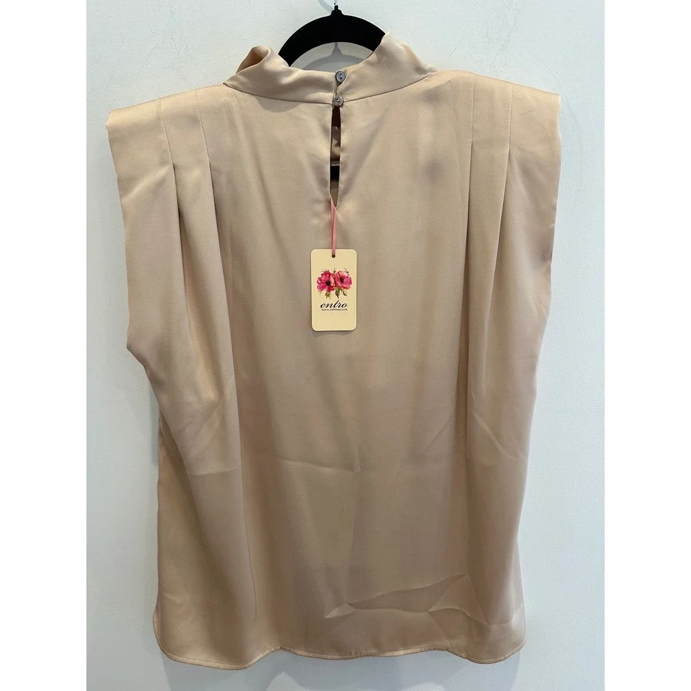 Entro Champagne Beige Padded Shoulder Cowl Neck Satin Blouse Top T16895 L NEW